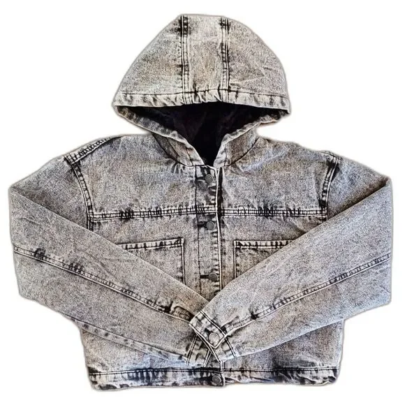 Ashley-Vintage Charm Women Cropped Denim Hoodie Jacket Faded Black L - Picture 2 of 8